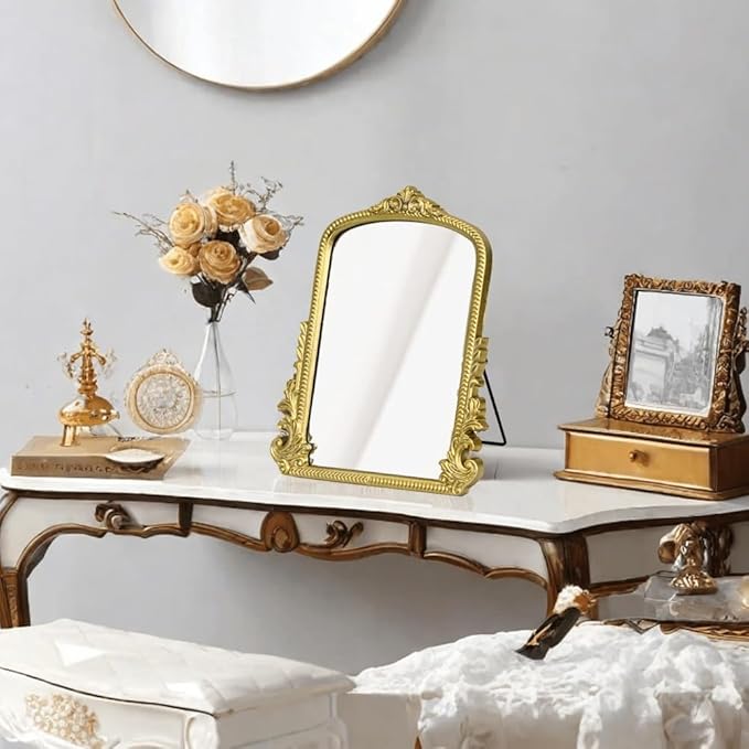 TenFuju Champagne Gold Vintage Baroque Vanity Mirror, Small Arched Tabletop Makeup Mirror, Free Standing Mirror for Dresser, Bedroom, Living Room, 11.8" x 9.6"