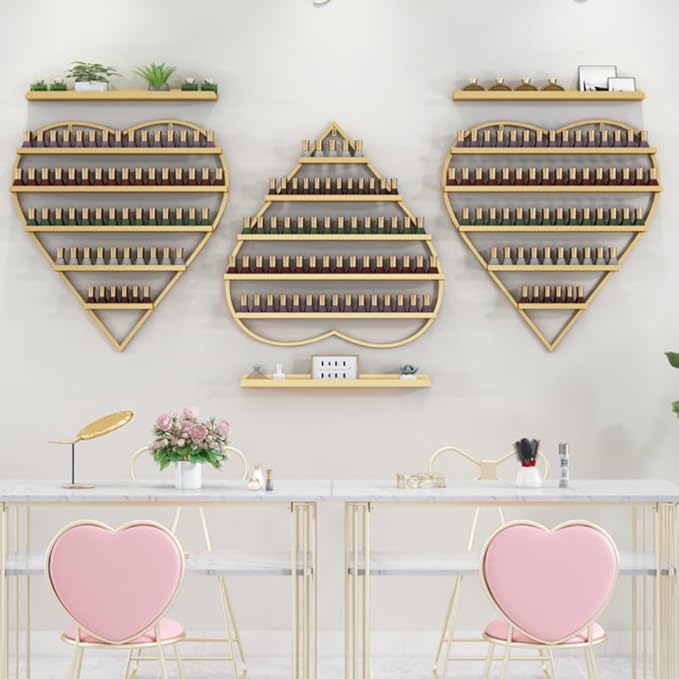 Nail Polish Storage Racks 5-Tier - Wall-Mounted Iron Display Rack for Nail Salons and Beauty Shops (Gold)