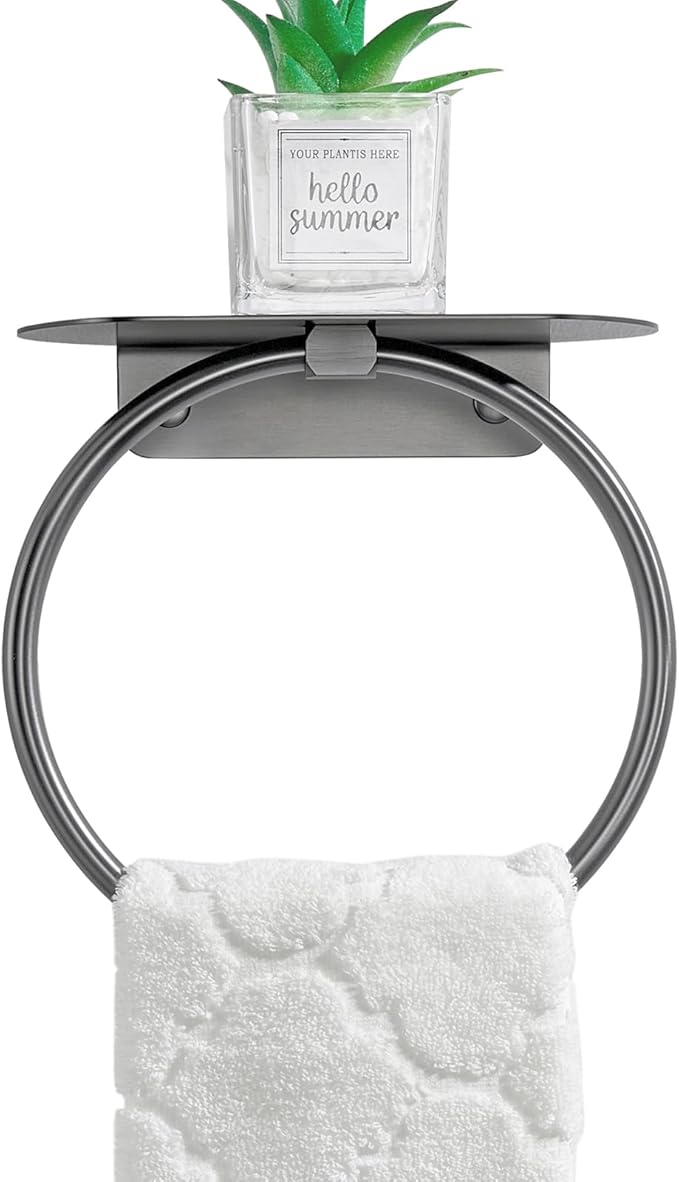 APLusee Gunmetal Gray Towel Ring with Shelf, 304 Stainless Steel Bathroom Towel Holder, Wall Mounted Swivel Loop for Kitchen Shower, Rustproof & Easy to Install