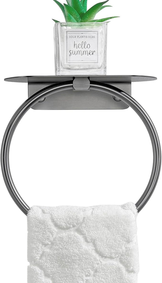 APLusee Gunmetal Gray Towel Ring with Shelf, 304 Stainless Steel Bathroom Towel Holder, Wall Mounted Swivel Loop for Kitchen Shower, Rustproof & Easy to Install