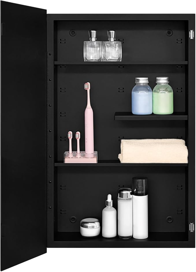 Fundin Black Medicine Cabinet Recessed or Surface Mount, Bathroom Medicine Cabinet with 18 x 30 Beveled Mirror and Adjustable Staggered Shelves, Wall Mount
