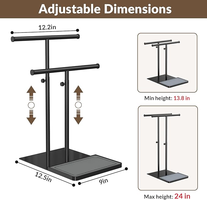 NADAMOO Towel Holder Stand, Adjustable Height 13.8"-24" Freestanding Double Bar Towel Rack with Stone Drying Tray, Wide Weighted Base, Rustproof Black Metal, for Bathroom, Kitchen Countertop