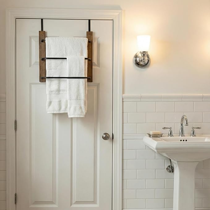 MyGift Over The Door Towel Rack for Bathroom, Rustic Solid Burnt Wood Towel Storage Organizer, 3 Tier Matte Black Metal Towel Bar, Space Saving Bathroom Door Hanging Towel Holder