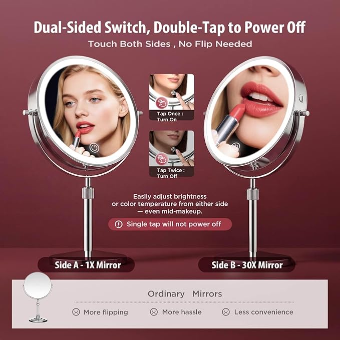 Makeup Mirror, 1X/30X Magnification with 3 Level LED Lights, 5000 mAh Rechargeable Double Sided 9” Magnifying Mirror with 360° Rotation, Perfect for Precision Grooming and Makeup, Women Gift