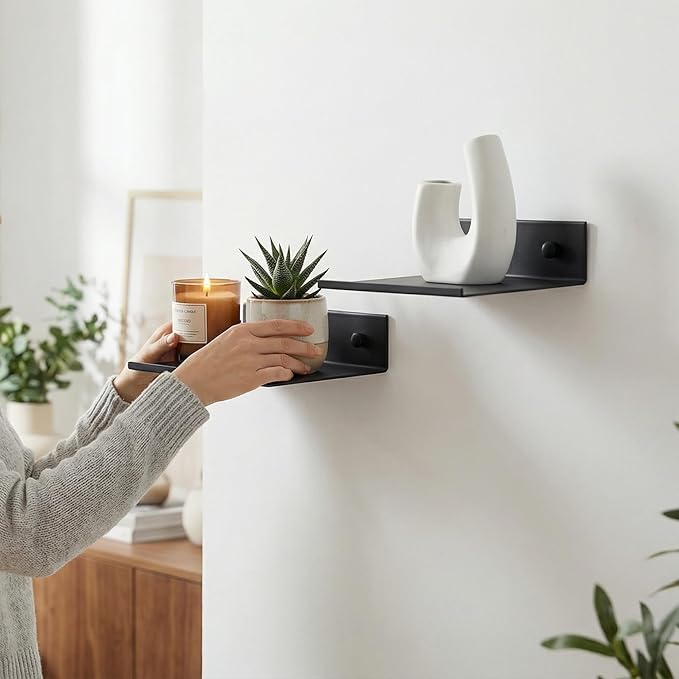 Z metnal Small Floating Shelves, Mini Metal Shelf for Wall, Aluminum, Wall Mounted and No Drill, Black, 4.7 inch, 2 Pack