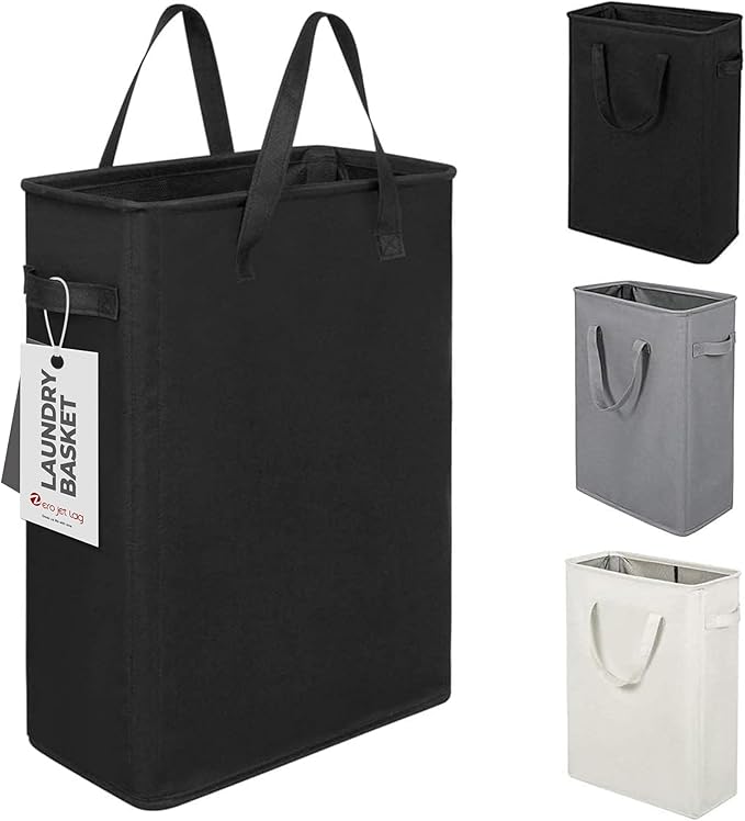 ZERO JET LAG Slim Laundry Hamper With Handles Collapsible Laundry Basket Thin Dirty Clothes Basket Narrow Laundry Bag Foldable Dirty Clothes Hamper 45L (24 inches,Black)