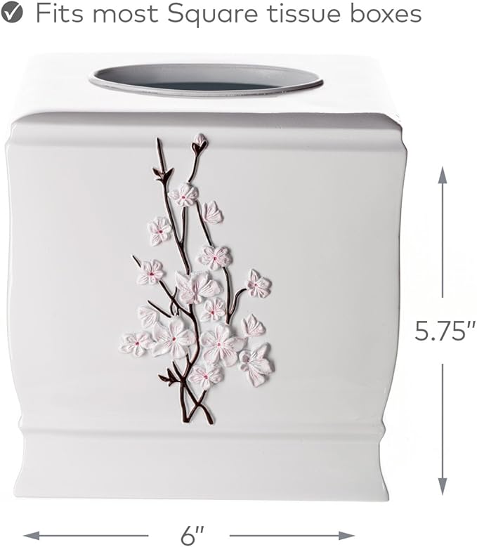Creative Scents Vanda Square Tissue Box Cover – White & Pink Cherry Blossom Floral Decor – Decorative Resin Tissue Holder for Bathroom Vanities & Nightstands – Durable Bottom Slider