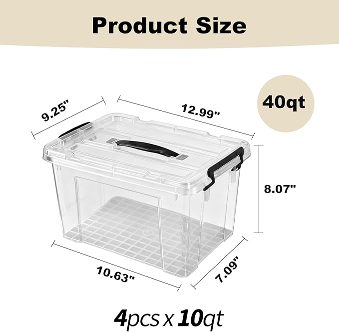 40 QT Clear Storage Bins with Lids, 4 Pack 10 QT-Stackable Plastic Organizer for Home, Office, Garage, BPA-Free, Heavy-Duty, See-Through Containers with Secure Latches & Handles