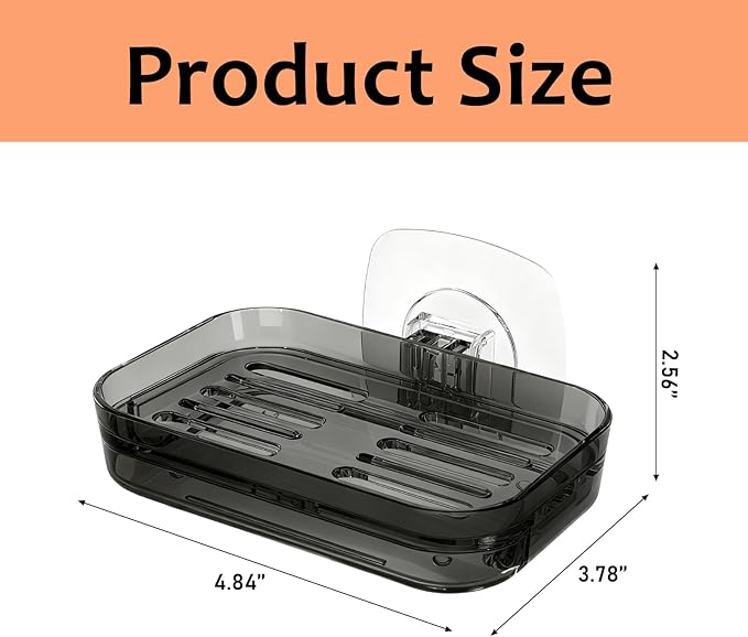 Soap Dish for Shower Transparent Gray Soap Holder with Self-Draining Design No Drilling Required Strong Fixation for RV Bathroom and Kitchen Easy to Clean and Space Saving（1 Pack）