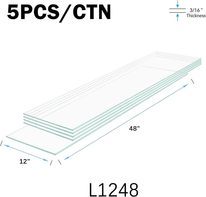 12" x 48" 5-PCS Tempered Glass Shelf, Rectangular Frameless Glass Shelves - 3/16" Thick, Suitable for Bookshelves, Display Cases, Retail Fixtures and Tabletops