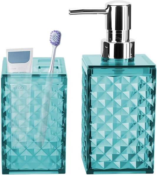 Bathroom Accessories Set 2 PCS, Teal Blue Bathroom Accessories Include Soap Dispenser and Toothbrush Holder, Diamond Pattern Bathroom Set for Boho Bathroom Decor