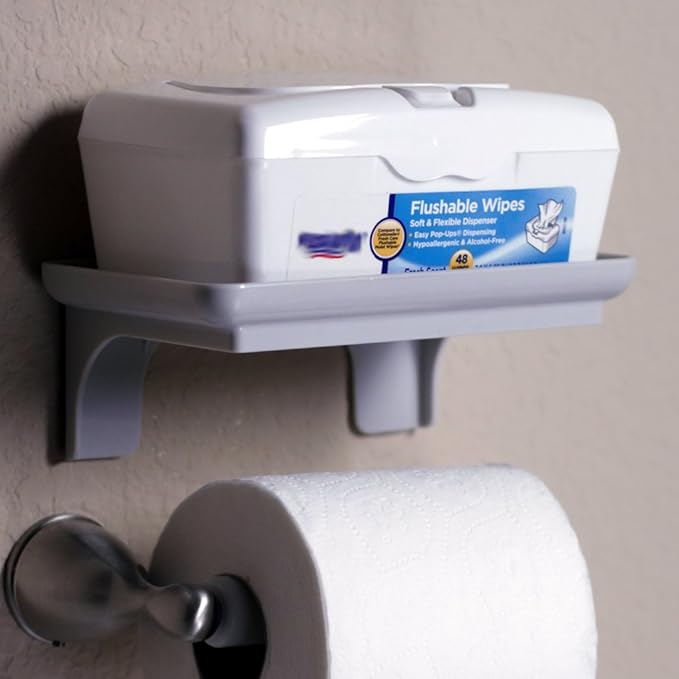 Wonder Shelf - Small Plastic Self Adhesive Wall Mount Bathroom Shelf - Fits Over Toilet Paper Holder - Designed for Smartphone and Flushable Baby Wipes (1, Grey with Holes)