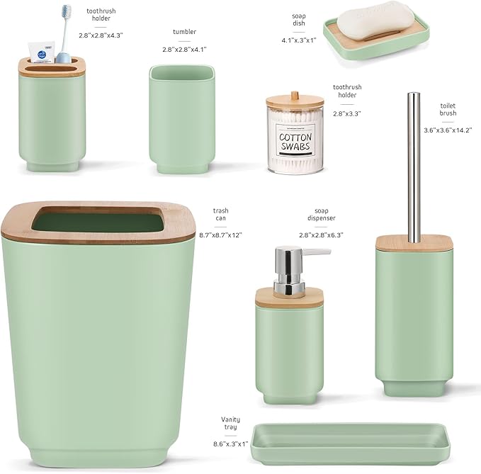 IMAVO 11 Piece Green Bathroom Set, Trash Can, Toilet Brush, Storage Tray, Complete Bathroom Accessories Organization Kit for Bathroom Décor and Home Gifts