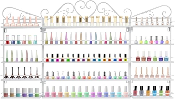 Wall-Mounted Nail Polish Storage Racks Metal Nail Polish Holder 5 Tiers Salon Wall Shelf Organizer Wall Shelf for Nails Salons, Beauty Shops, Stores (1 Middle Rack, 2 Side Racks, White)