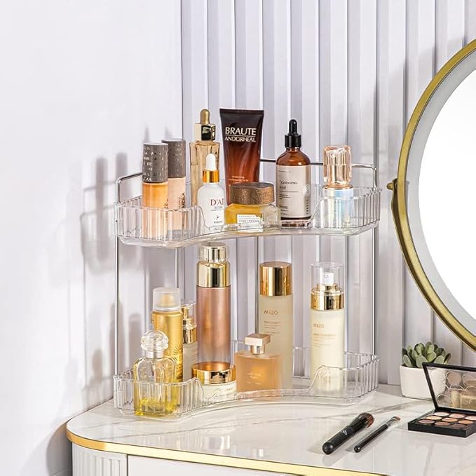 CESTATIVO Corner Bathroom Counter Organizer, Vanity Trays for Bathroom, Skincare Makeup Organizer Shelf, Shelf Cosmetics, Toiletries, Lotions, Perfumes (2 Tiers, Clear)