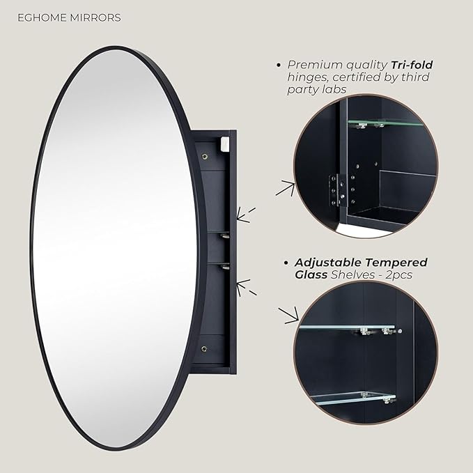 Surface Mount Black Oval Bathroom Medicine Cabinet with Mirror Metal Framed Oval Bathroom Storage Cabinet, 20x30''