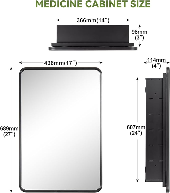 17 x 27 Bathroom Medicine Cabinet with Mirror Metal Frame Recessed Or Wall Mounted Single Door Storage Medicine Cabinets with Adjustable Shelves Rounded Corner Beveled Mirrors