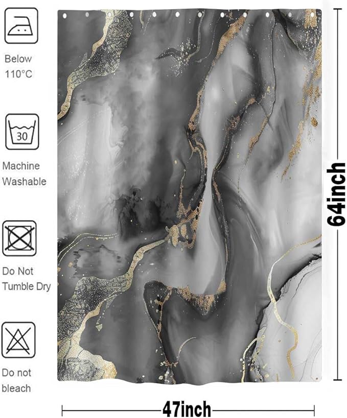 Black Gold Marble Shower Curtain for RV Bathroom Decor, Abstract Luxury Gray Golden Texture Marble Shower Curtains for Bathroom, Luxury Modern Waterproof Bath Decor 47x64 Inches