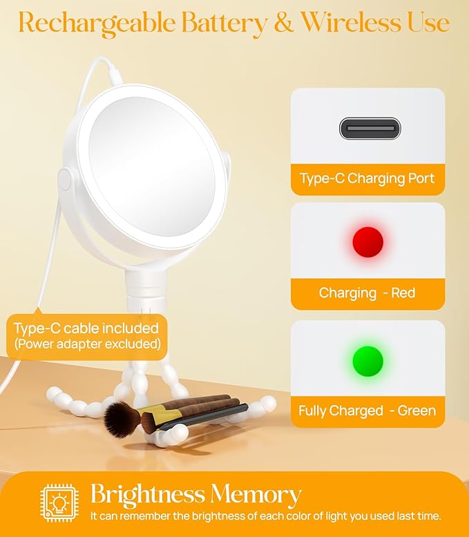 Gospire 5.85” Tripod Travel Makeup Mirror with Lights and Magnification 1X/10X, 4 in 1 Winding Hanging Handheld Tabletop, 3 Light Colors and Adjustable Brightness – White