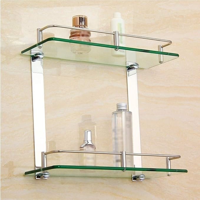 Tempered Glass Shelf Bathroom Shelves with Rail Wall Mounted Stainless Steel Punch Installation 600mm
