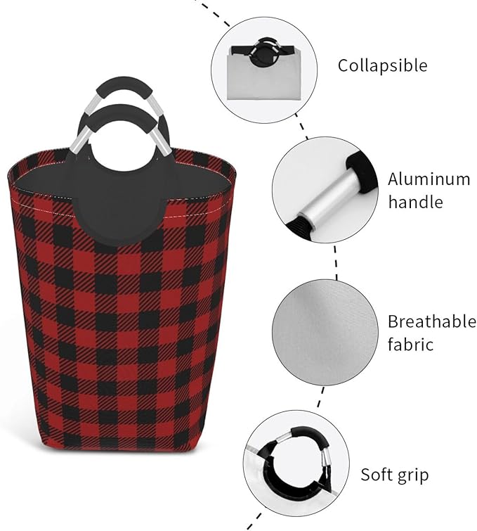 Red Buffalo Plaid Laundry Basket Red Black Checkered Foldable Laundry Hamper Vintage Collapsible Laundry Baskets with Handles Clothes Hamper Laundry Tote Bag for Dorm Family Storage Bin 50L
