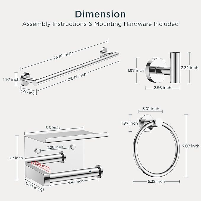 FORIOUS Bathroom Hardware Accessories Set, SUS304 Stainless Steel 24 Inch Towel Bar Set Wall Mounted, Modern Toilet Paper Holder with Shelf for Bathroom, 5 Pieces, Chrome