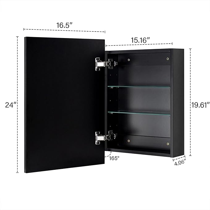 TEHOME 16.5'' x 24'' Black Recessed and Surface Mount Bathroom Medicine Cabinet with Mirror Matt Black Square Cornered Metal Framed Rounded Rectangle Medicine Cabinet Mirror
