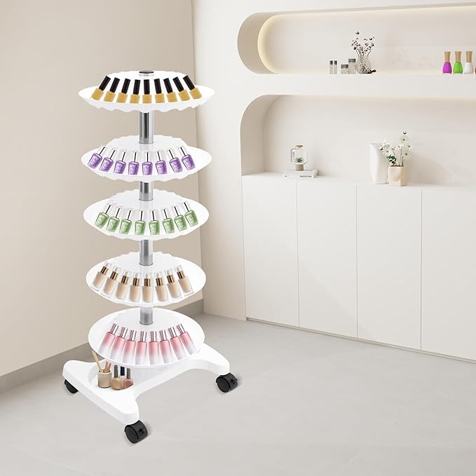 Nail Polish Trolley Organizer, 5 Tiers 360° Rotating Tray Nail Polish Spinning Rack Display Stand with Wheels, Display Rolling Cart for Spa Home Use