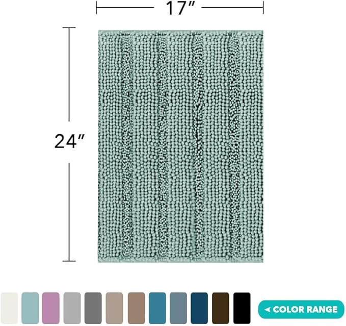 TURQUOIZE Non Slip Shaggy Bath Mats - Blue Chenille Bath Mat Set, Super Absorbent Shower Rugs for Tub Mat, 17" x 24", Duckshell Blue