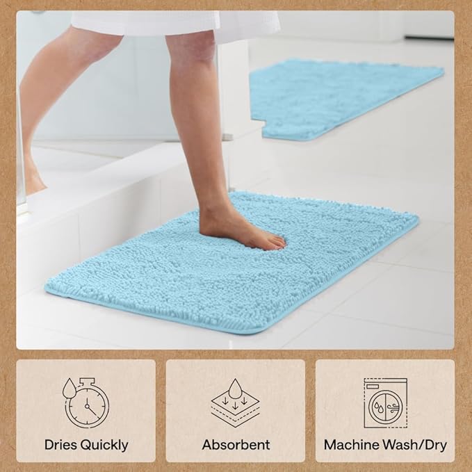 GORILLA GRIP Bath Rug Mat 44x26, Thick Soft Absorbent Chenille, Quick Dry Microfiber Mats, Rubber Backing Washable Shower Floor Rugs, Bathmat Runner, US Designed Bathroom Home Decor Accessories Sky