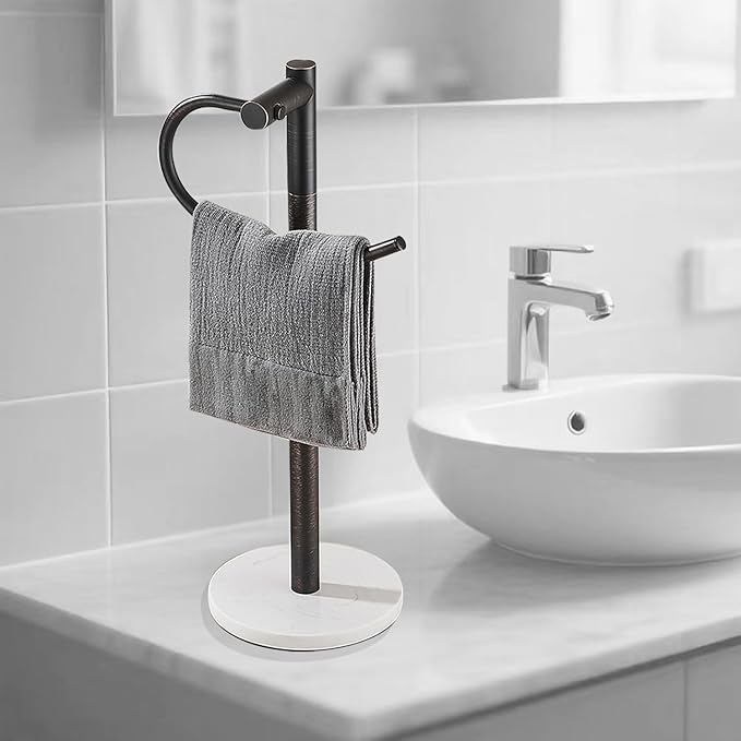 Standing Towel Bar Holder - Free Standing Bathroom Towel Rack Towel Holder with Engineered Stone Base - Countertop Vanity Towel Stand for Hand/Kitchen Towels (Oil-Rubbed Bronze)