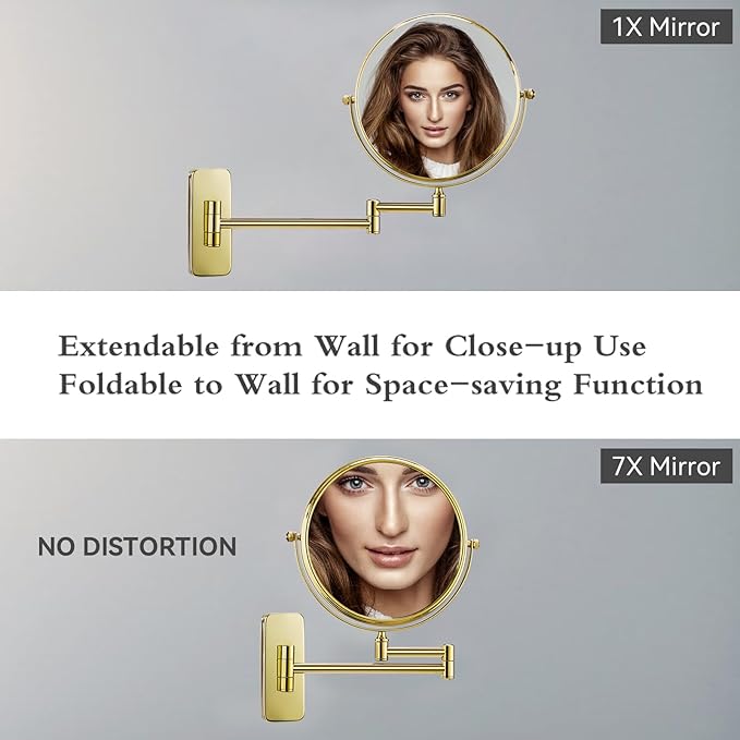 Nicesail Makeup Mirror, Wall Mounted 7X Magnifying Mirror Vanity Mirror for Bathroom, Extendable Swivel, Brass and 304 Stainless Steel Material for Hotel or Home, Shiny Gold Finish (8 Inch, 7X)