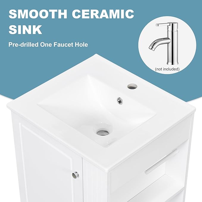 Virubi 20 in Small Bathroom Vanity with Sink,Drawer,Doors and Side Storage & Toilet Paper Holder, Solid Wood & MDF Modern Single Bathroom Sink Cabinet with Drawers,Freestanding (White,20 in)