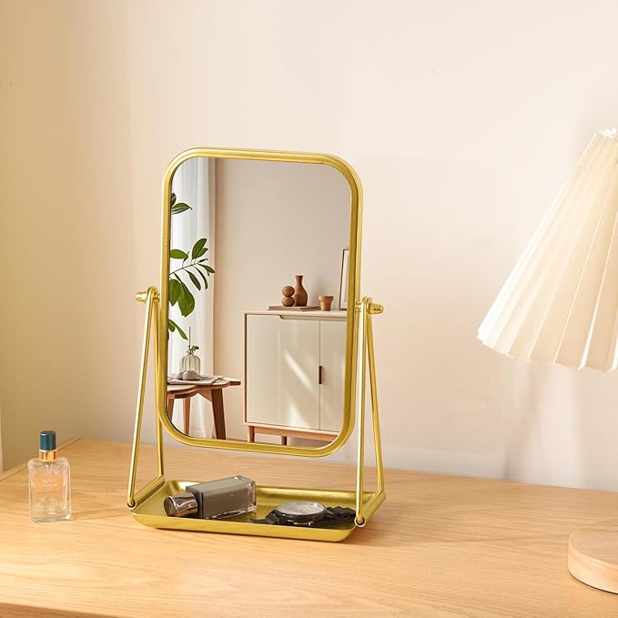 Gold Desk Mirror Rectangular Tabletop Vanity Makeup Mirrors with Metal Stand and Storage 360°Rotation Adjust Table Mirror Portable Cosmetic Mirrors for Dressing Bathroom Bedroom