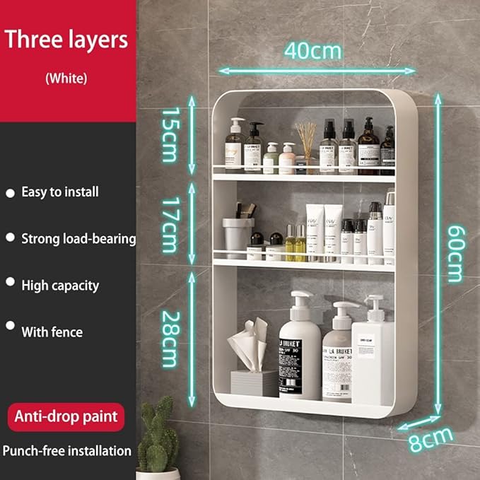 Punch- Bathroom Shelf, Wall-Mounted Makeup Organizer, Cosmetic Storage Rack, Multi-Layer Large Capacity, 10kg Load-Bearing,White-40 * 60cm