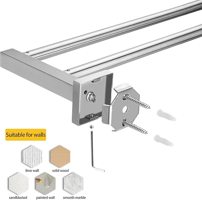 Double Towel Bar for Bathroom Wall, 24 Inch Double Towel Racks for Bathroom Wall Mounted, Heavy Duty Bathroom Towel Holder Stainless Steel Towel Rod, Brushed Nickel