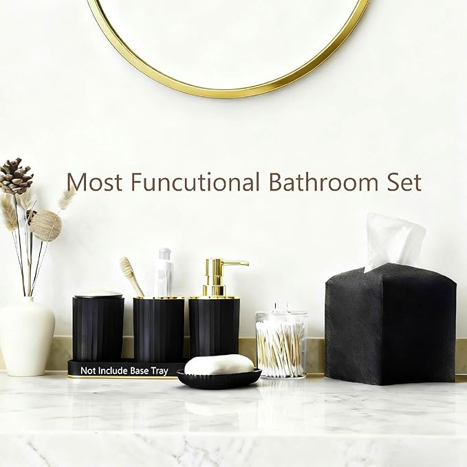Bathroom Accessory Set with Shower Curtain and Rugs 23Pcs, Black Bathroom Set - Trash Can, Soap Dispenser, Soap Dish, Toilet Brush, Toothbrush Holder, Toothbrush Cup, Tissue Box, Q-tip Holders