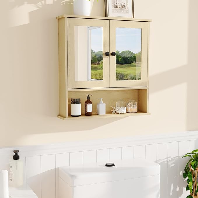Bathroom Wall Cabinet with Mirrored Doors – Slim Medicine Cabinet with Adjustable Shelf – 2.2x23x5.1 Inch Compact Wall Cabinet for Bathroom, Kitchen, Laundry Room, Entryway