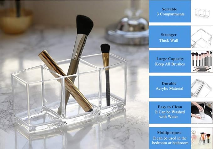 Makeup Brush Holder Organizer - 3 Compartments Clear Acrylic Cosmetic Storage Organizer for Vanity, Bathroom, Office, Kitchen Supplies and More