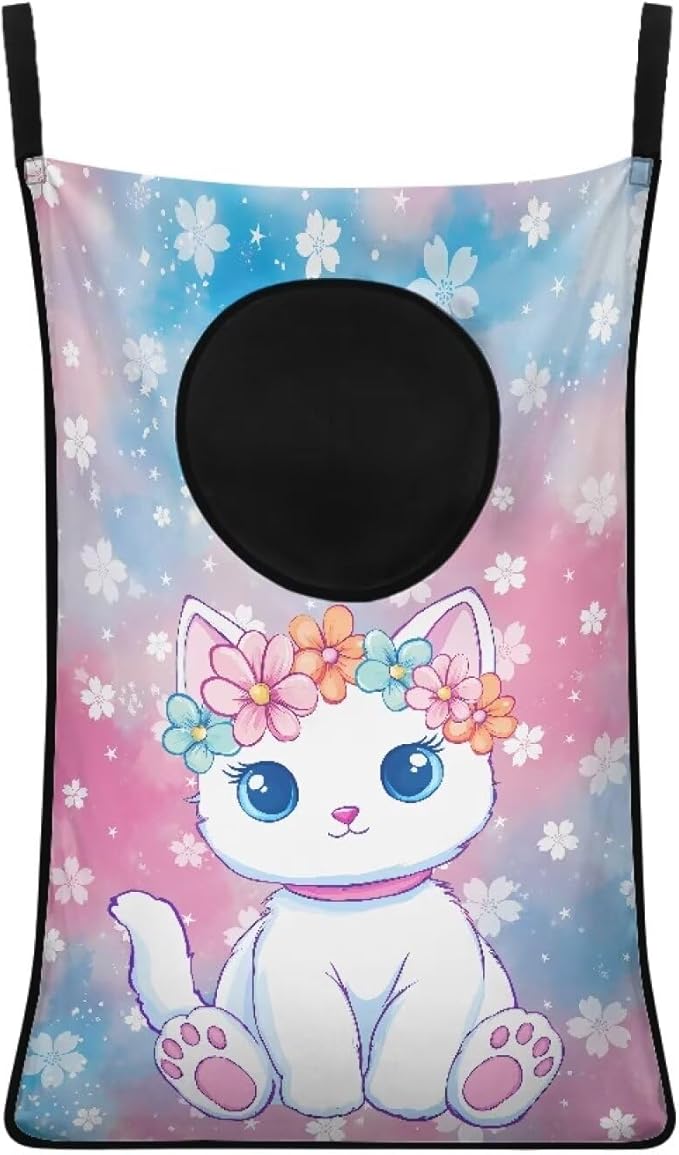 ZOUTAIRONG Cute White Cat Print Hanging Laundry Bag Over The Door Laundry Hamper Clothes Basket for Closet Toys Storage Organizers Home Bedroom Space Saving Hampers