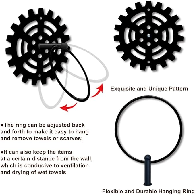 MAYJOYDIY Mechanical Gear Metal Towel Ring Gear Industrial Style Towel Holder Wall Decor Towel Hanger Black Art Towel Rack Wall Mounted for Bathroom Kitchen Home Decors Gift