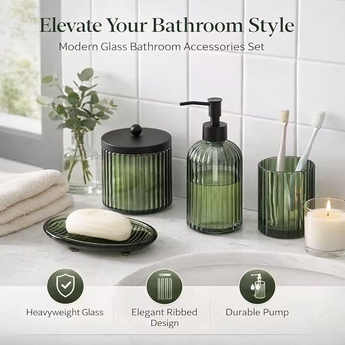 4PCS Olive Green Glass Bathroom Accessories Set, Includes Soap Dispenser, Cotton Jar, Soap Holder Tray & Tumbler, Heavy Weight Embossed Glass Bathroom Decor Set for Home, Apartment & Vanity