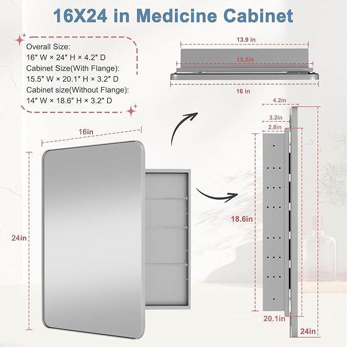 16x24 Inch Medicine Cabinet with Mirror for Bathroom, Silver Aluminum Bathroom Medicine Cabinet, Recessed or Wall Mount Medicine Chest Over Sink, Modern Farmhouse Style, Fully Assembled