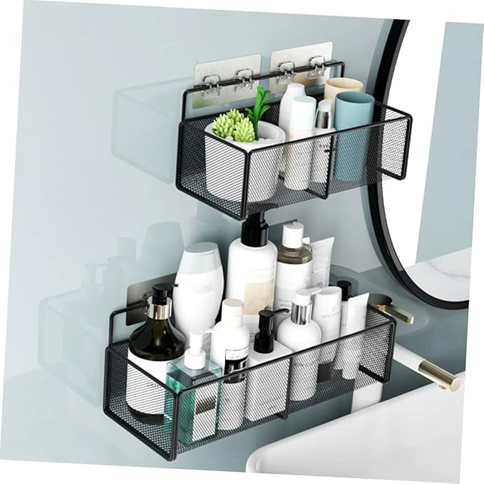 Luxshiny Large Black Wall-Mounted Storage Rack for Home 38CM Iron Cosmetic Organizer No Drill Hanging Shelf for Bathroom and Kitchen Supplies
