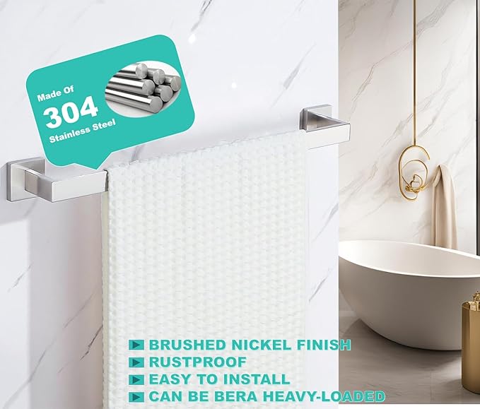 28 Inch Towel Bar for Bathroom 12/16/24/28/32/36 Inch Kitchen Towel Holder Brushed Nickel Towel Rod Wall Mounted SUS304 Rustproof Towel Rack Modern Square Design (1, Brushed Nickel, 28 Inch)