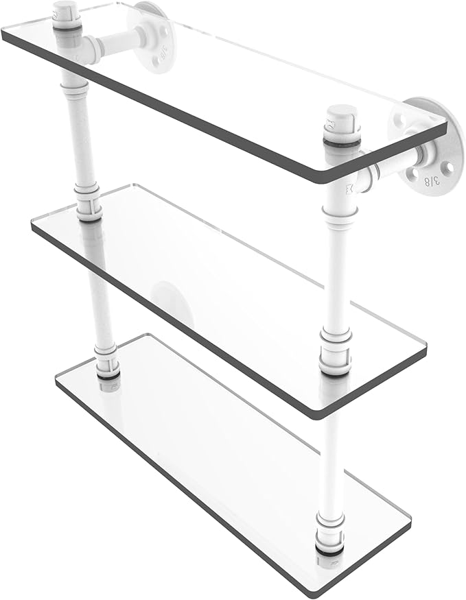 Allied Brass P-440-16-TGS-WHM Pipeline Collection 16 Inch Triple Glass Shelf, Matte White