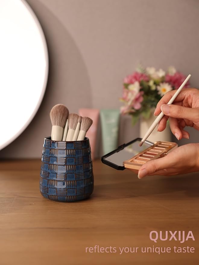 Ceramic Makeup Brush Holders, Bathroom Vanity and Countertop,Make up Brushes Cup for Cosmetics, Lipsticks, Bathroom Vanity Desktop Storage (Vintage Blue)
