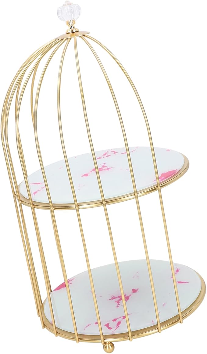 Double Layer Storage Shelf Bird Cage Organizer Display Rack for Bathroom Countertop Dressing Table Gold Frame (Pink Stone Pattern)