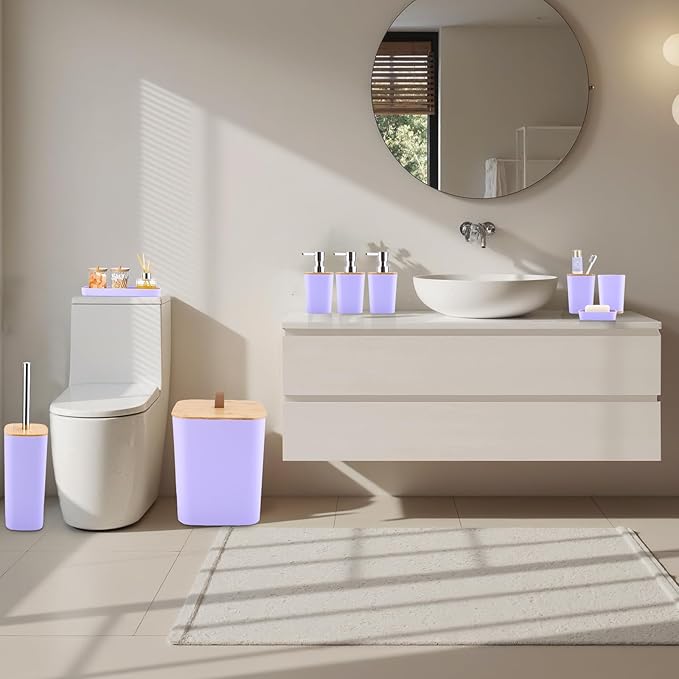 XLHOMO Purple Bathroom Accessories, Bathroom Accessories Set with Trash Can, Soap Dispenser, Toothbrush Holder, Toothbrush Cup, Soap Dish, Toilet Brush, Tray and Q-tip Holders for Housewarming