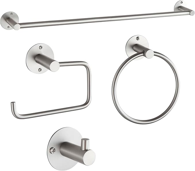 BVL Towel Racks for Bathroom 4 Pieces,Brushed Nickel Stainless Steel Bathroom Accessories Set Wall Mounted Included 24 Inches Towel bar,Towel Holder,Toilet Paper Holder,Robe Hook